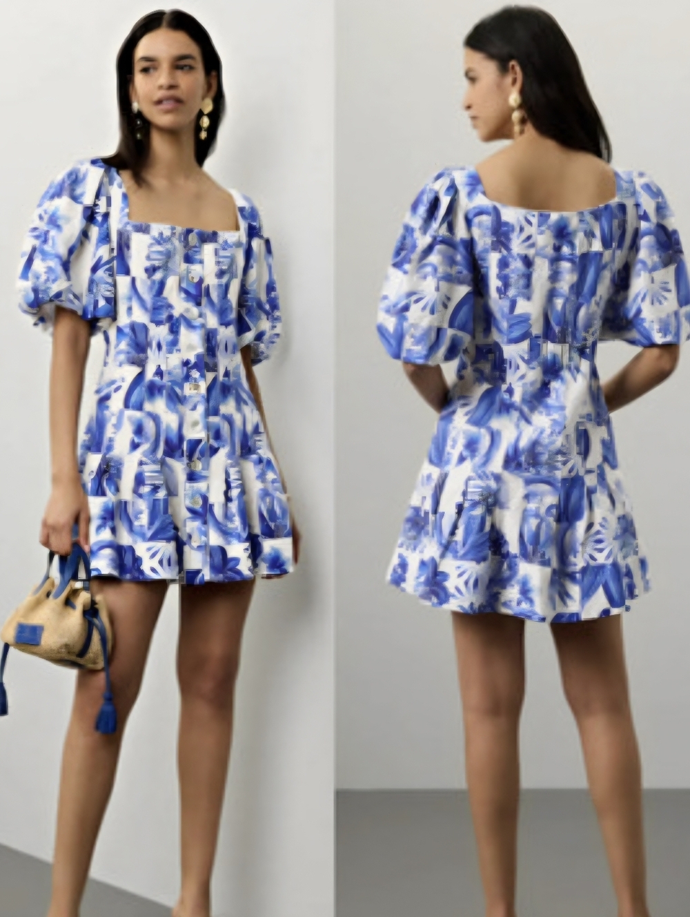 Caroline Constas Linen Blend Puff Sleeve Size 6 BLUE/WHITE